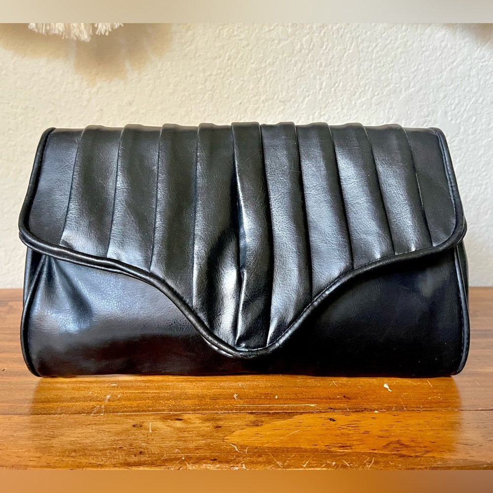 Black Pleated Leather Clutch with Flap Closure